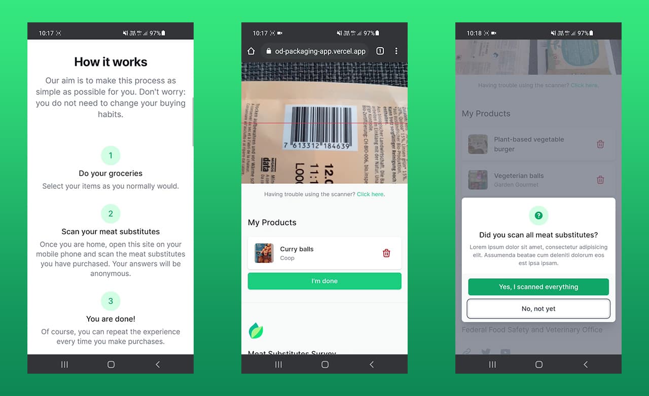 Three screenshots of the scanner app interface