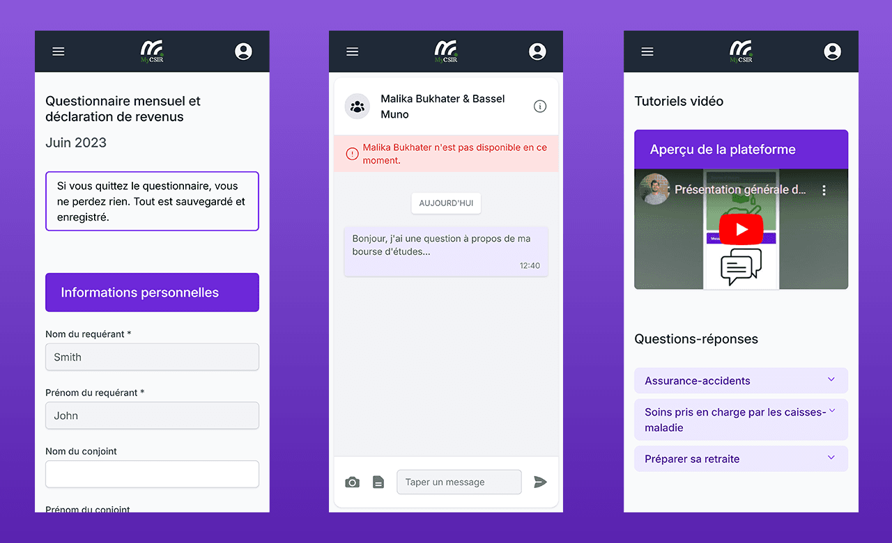 Three screenshots of the MyCSIR app interface