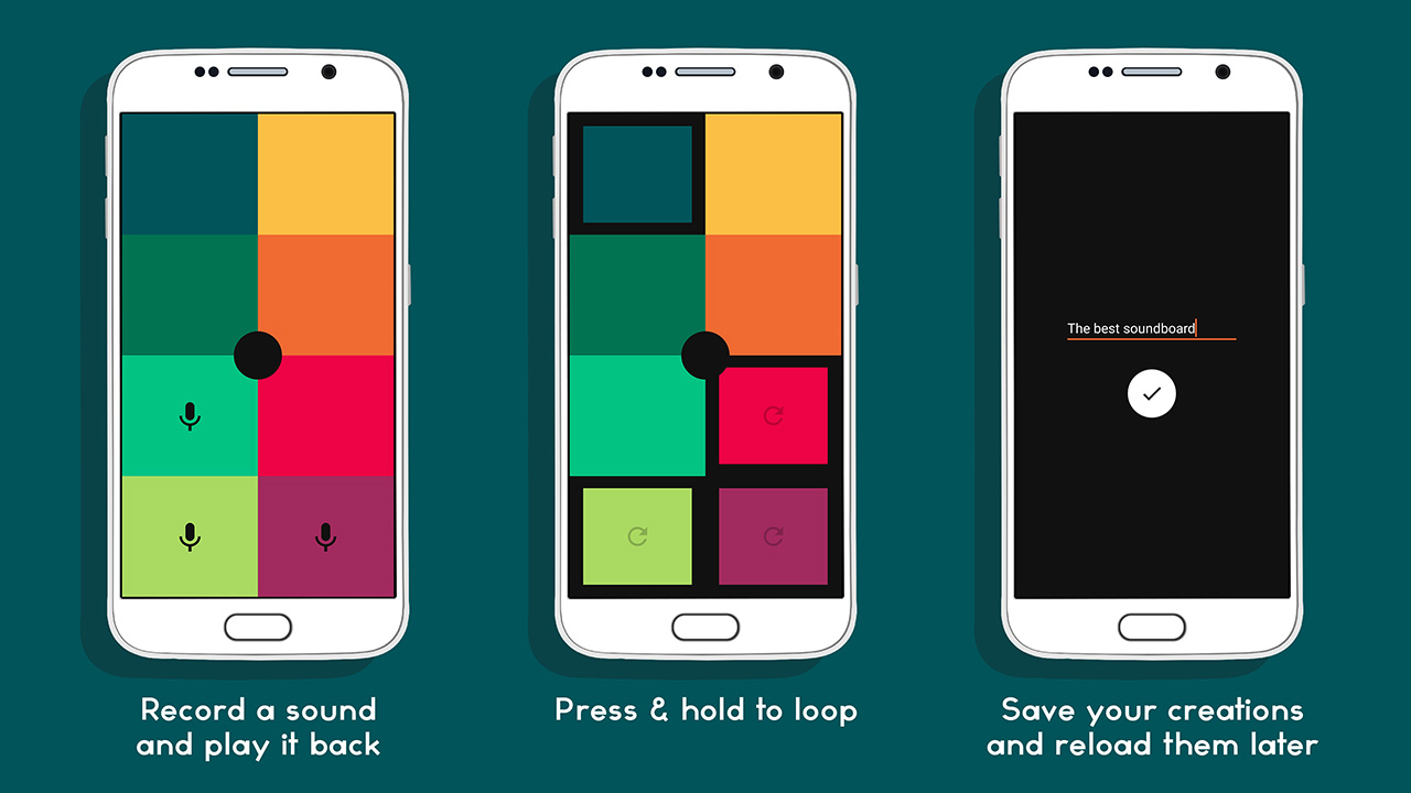 Three screenshots showcasing the app interface